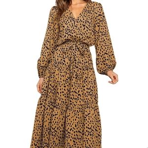Boho Leopard Print Ruffle Long Sleeve V Neck Casual Flowy Maxi Dress